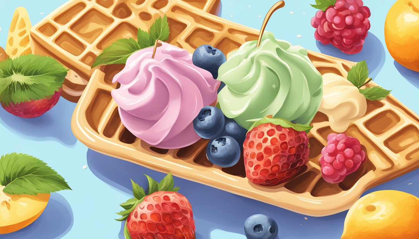 A scoop of gelato melting on a hot summer day, surrounded by fresh fruit and a waffle cone