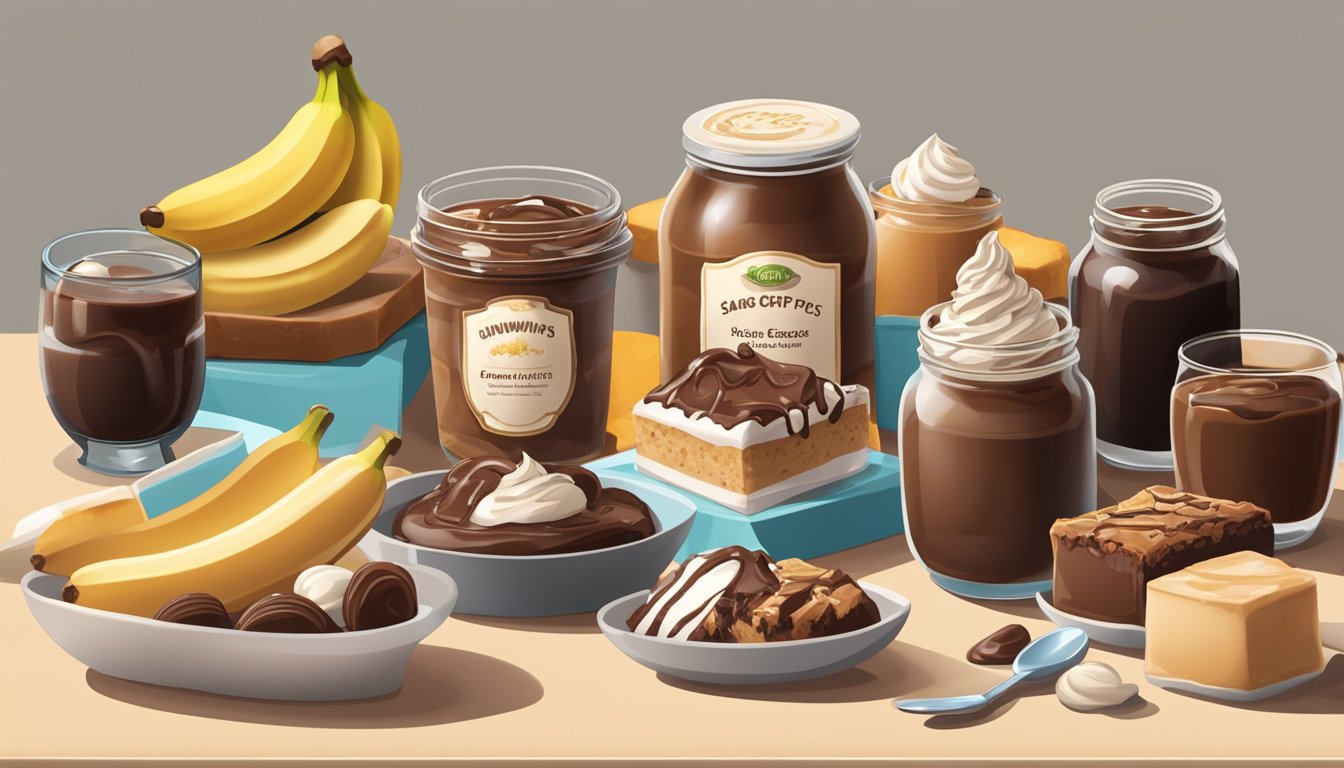 A jar of fudge sauce sits on a kitchen counter, surrounded by a variety of desserts such as ice cream sundaes, brownies, and banana splits