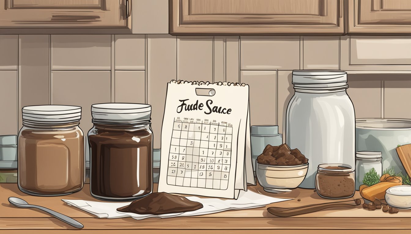 A jar of homemade fudge sauce sits on a kitchen counter, surrounded by ingredients and utensils. A calendar on the wall shows the current date