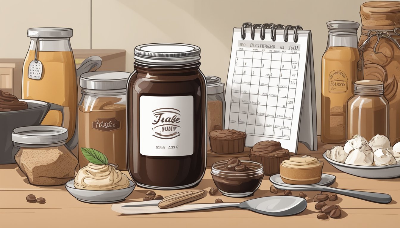 A jar of fudge sauce sits unopened on a kitchen counter, surrounded by a variety of dessert ingredients and a calendar marking the current date