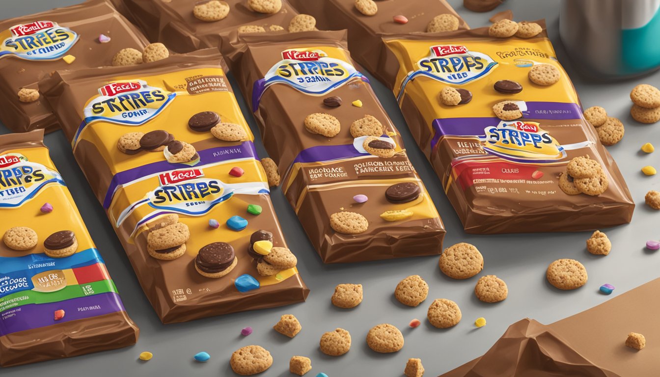 A package of Keebler Fudge Stripes Cookies sits on a kitchen counter, surrounded by crumbs. The cookies are arranged in a neat row, with a few missing from the pack