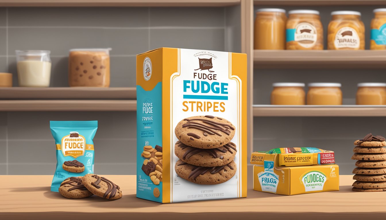 A package of Fudge Stripes Cookies sits on a kitchen shelf, surrounded by other snacks. The expiration date is visible on the packaging