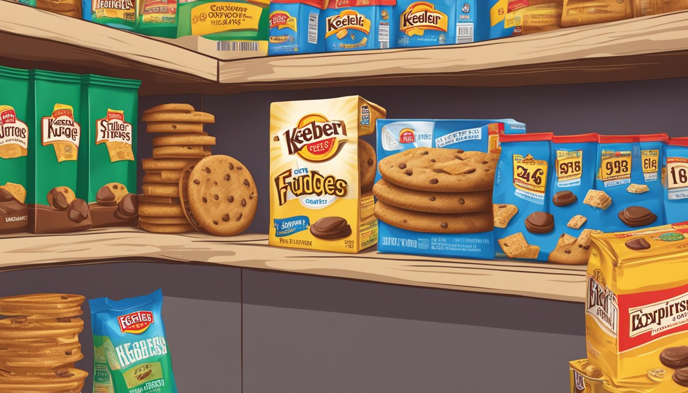 A pantry shelf with a package of Keebler Fudge Stripes Cookies next to a labeled expiration date