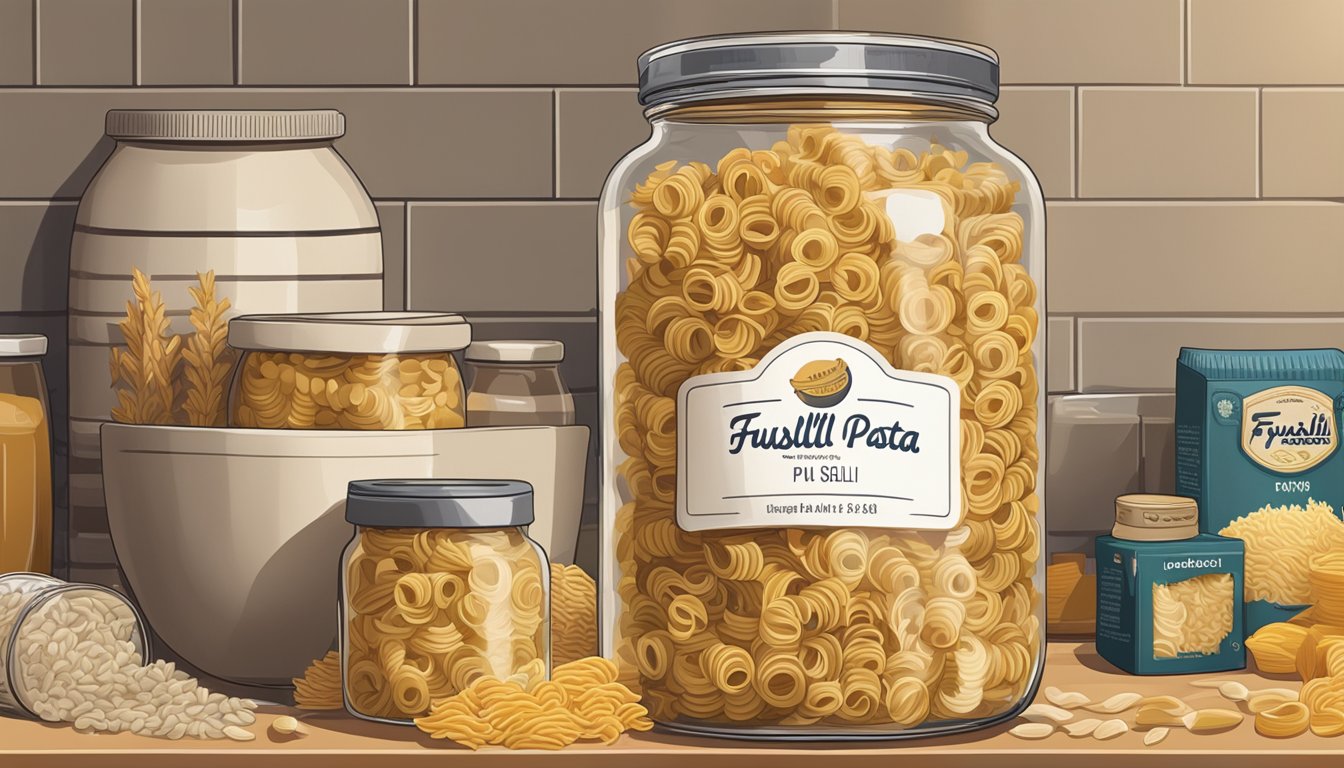 A jar of fusilli pasta sits on a kitchen counter, surrounded by other dry goods. The label on the jar indicates the expiration date