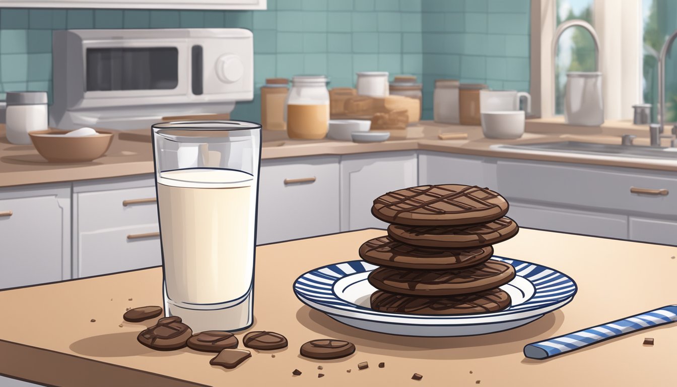 A plate of Fudge Stripes Cookies sits on a kitchen counter, surrounded by crumbs and a half-empty glass of milk