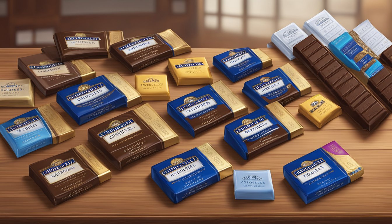 A variety of Ghirardelli chocolate bars and squares arranged on a wooden table, with a calendar showing the current date in the background