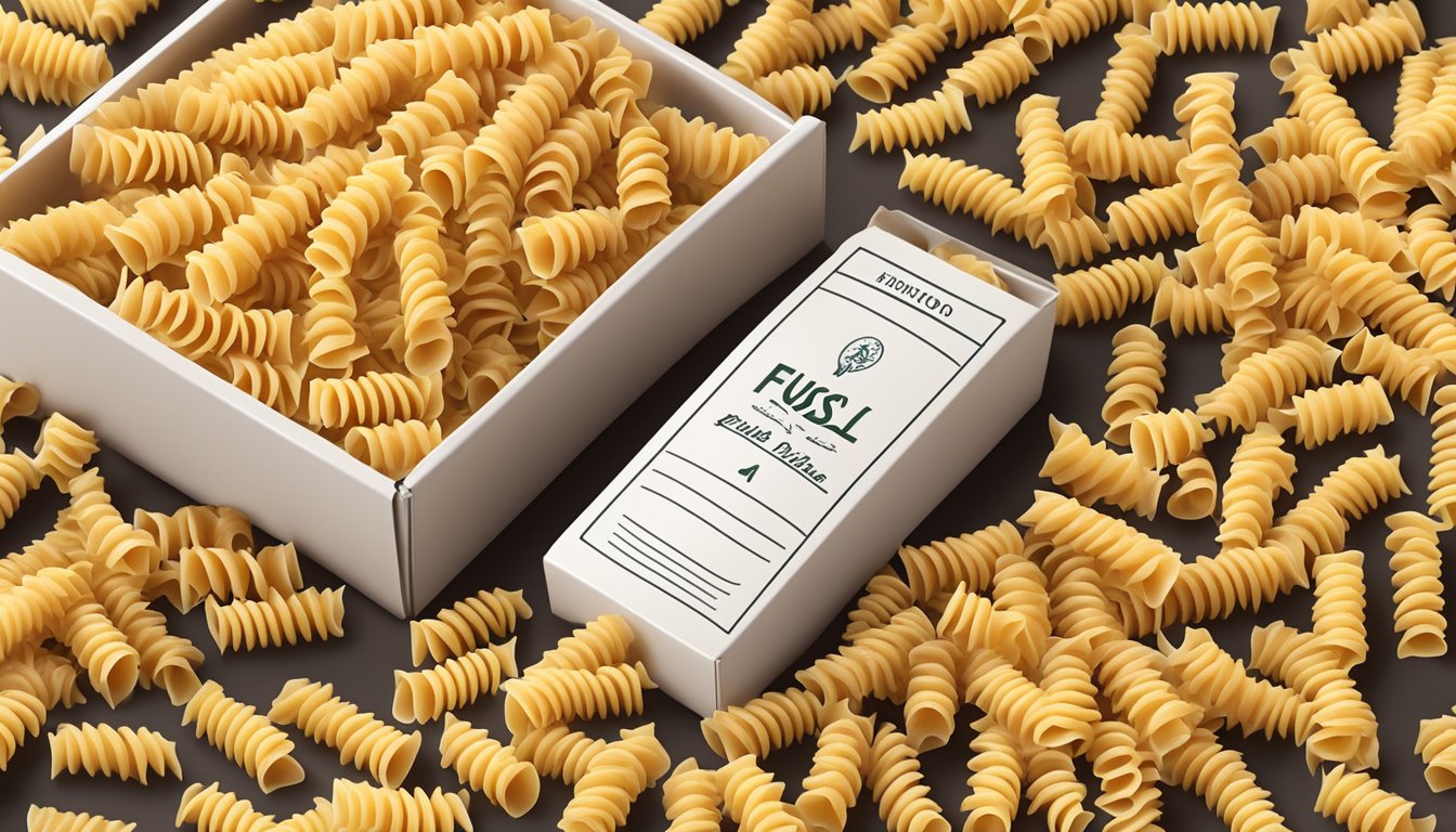 A box of fusilli pasta with expiration date label