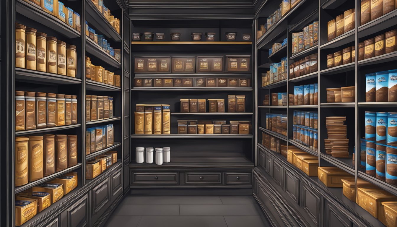 A pantry with shelves of Ghirardelli chocolate bars and cocoa powder, stored in a cool, dark, and dry environment for longevity