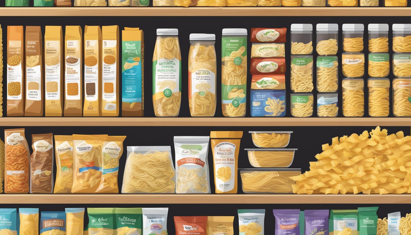 A pantry shelf filled with various types of pasta, including a package of fusilli, with expiration dates and storage instructions visible