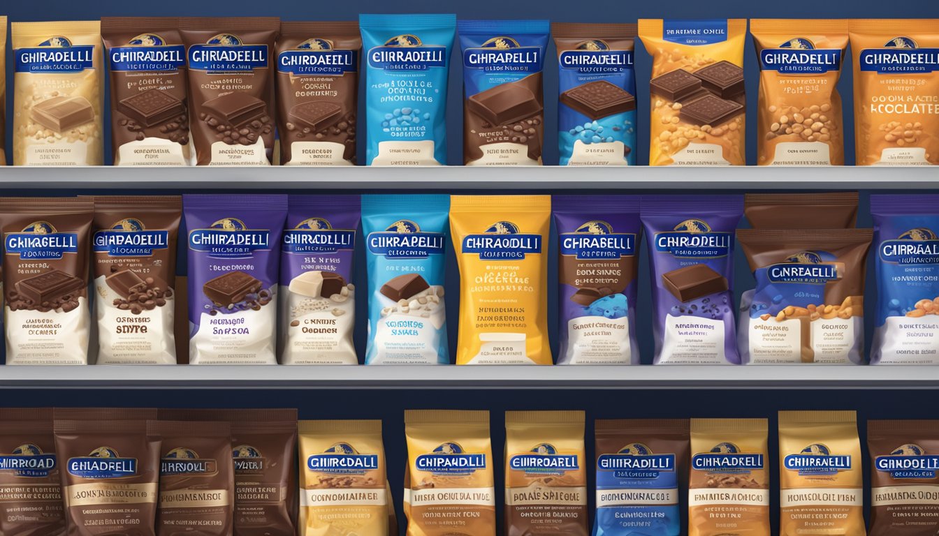 A shelf lined with Ghirardelli chocolate chips and powders, with expiration dates clearly labeled on each package