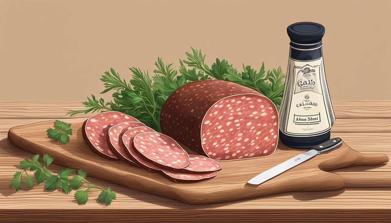 A package of Gallo Salame Deli Sliced Salami sits on a wooden cutting board next to a sharp knife and some fresh herbs