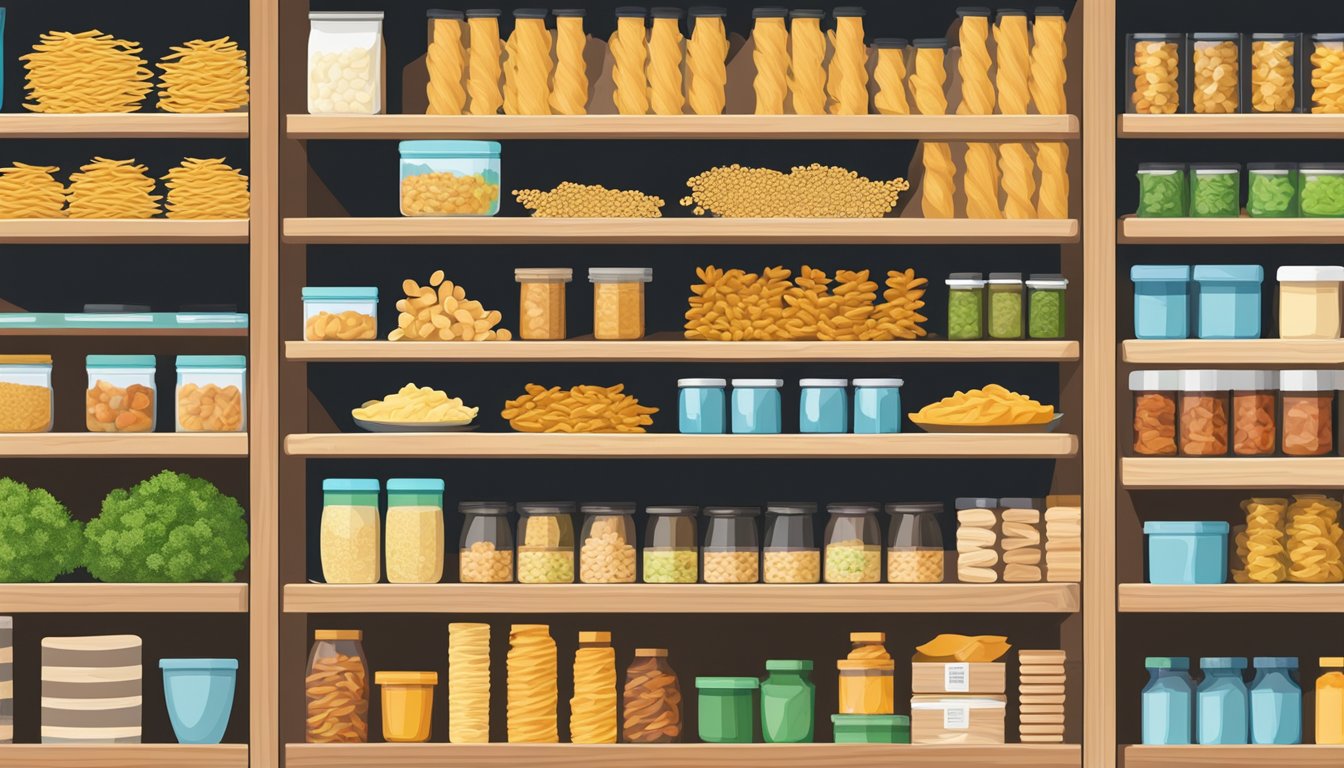 A sealed package of fusilli pasta sits on a pantry shelf next to other dry goods. The pantry is well-organized and clean, with shelves neatly stocked