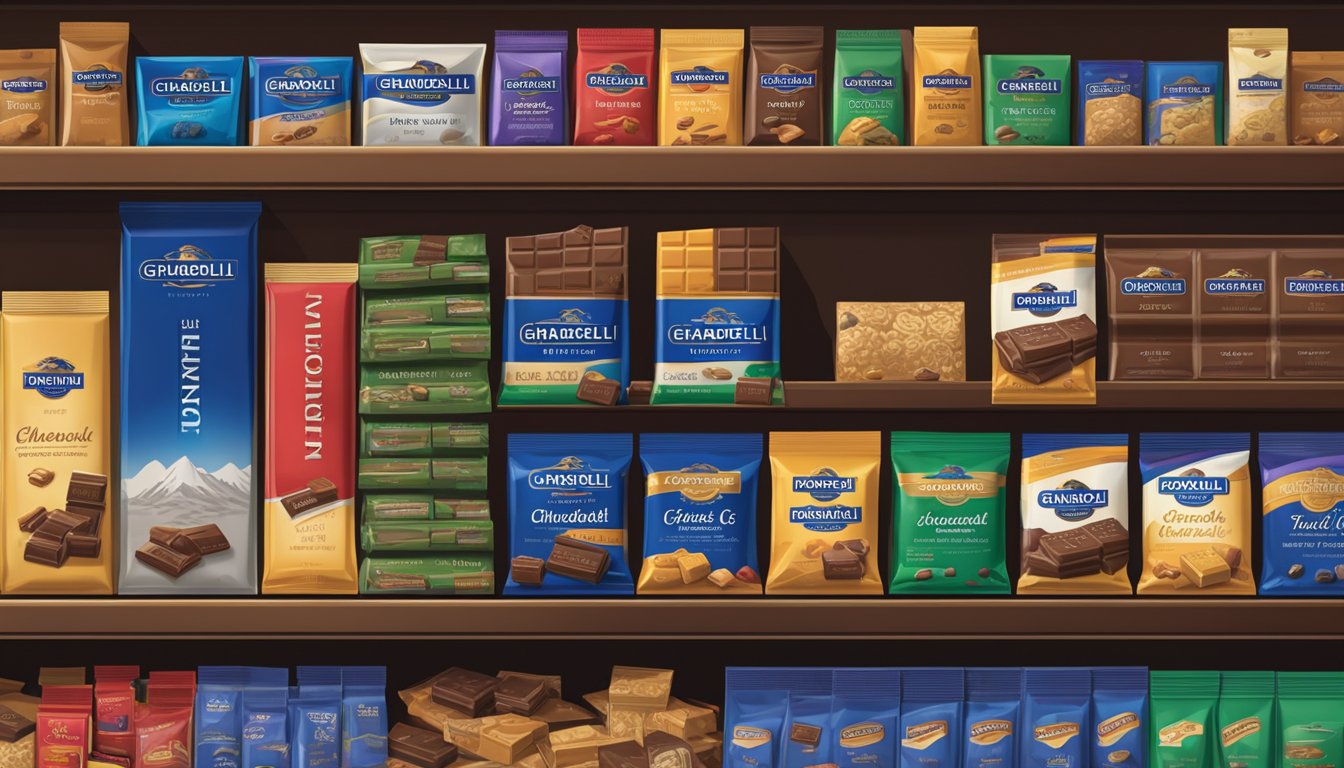 A well-stocked pantry with a variety of Ghirardelli chocolate bars and squares neatly arranged on shelves, with some packages opened and partially consumed