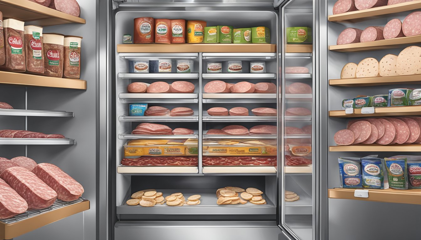 A package of Gallo Salame Deli Sliced Salami sits on a clean, organized shelf in a refrigerator, surrounded by other deli meats and cheeses