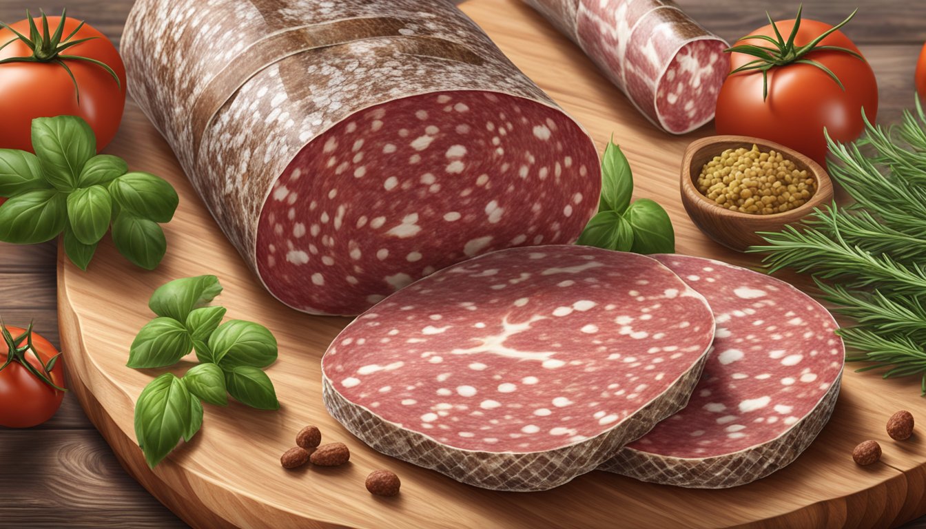 A package of Gallo Salame Deli Sliced Salami sits on a wooden cutting board, surrounded by a variety of herbs and spices