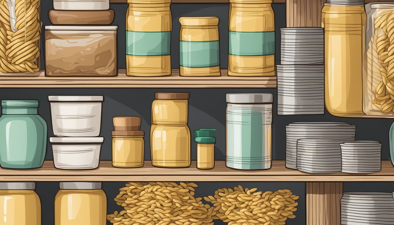 A pantry shelf with a package of fusilli pasta, surrounded by other dry goods and cooking utensils