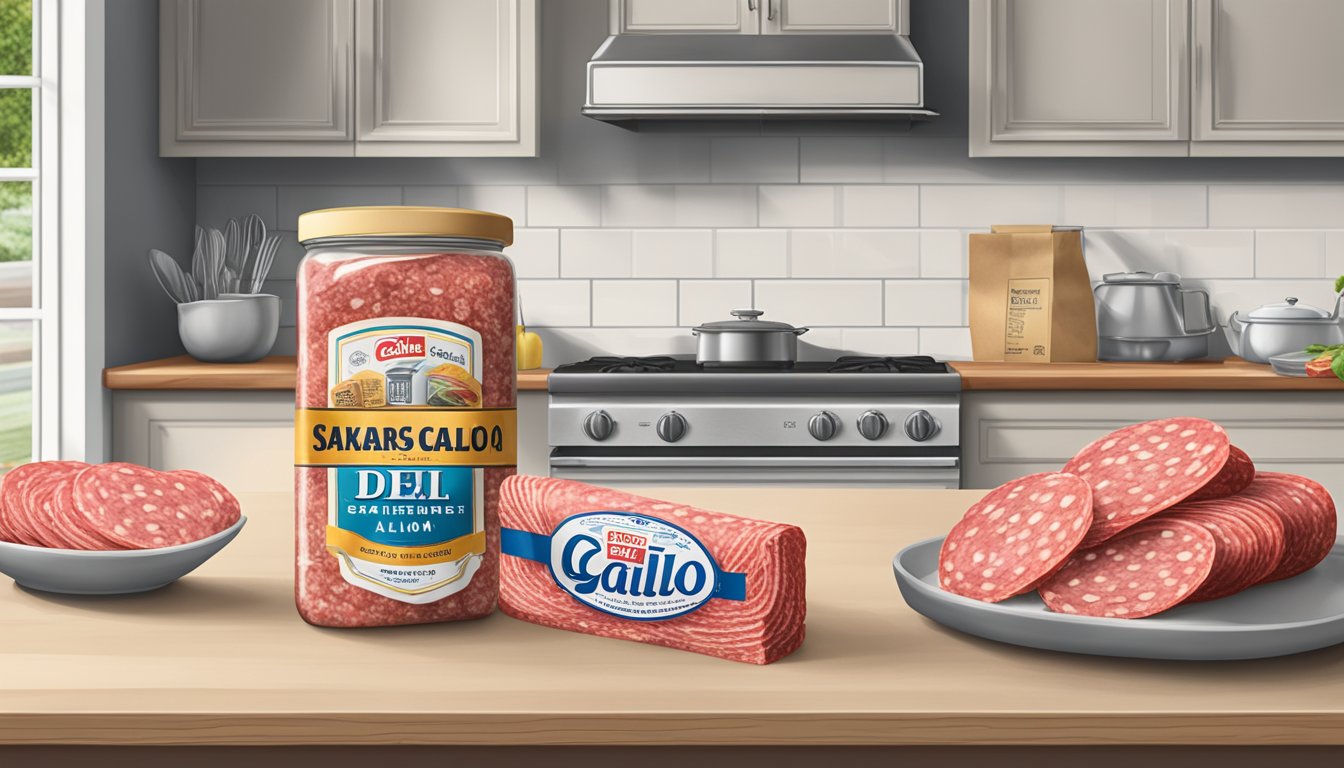 A kitchen counter with a sealed package of Gallo Salame Deli Sliced Salami next to a labeled expiration date