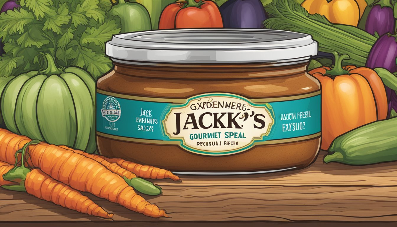 A jar of Garden Fresh Gourmet Jack's Special Medium Salsa sits on a shelf, surrounded by colorful vegetables and spices. The label indicates the expiration date