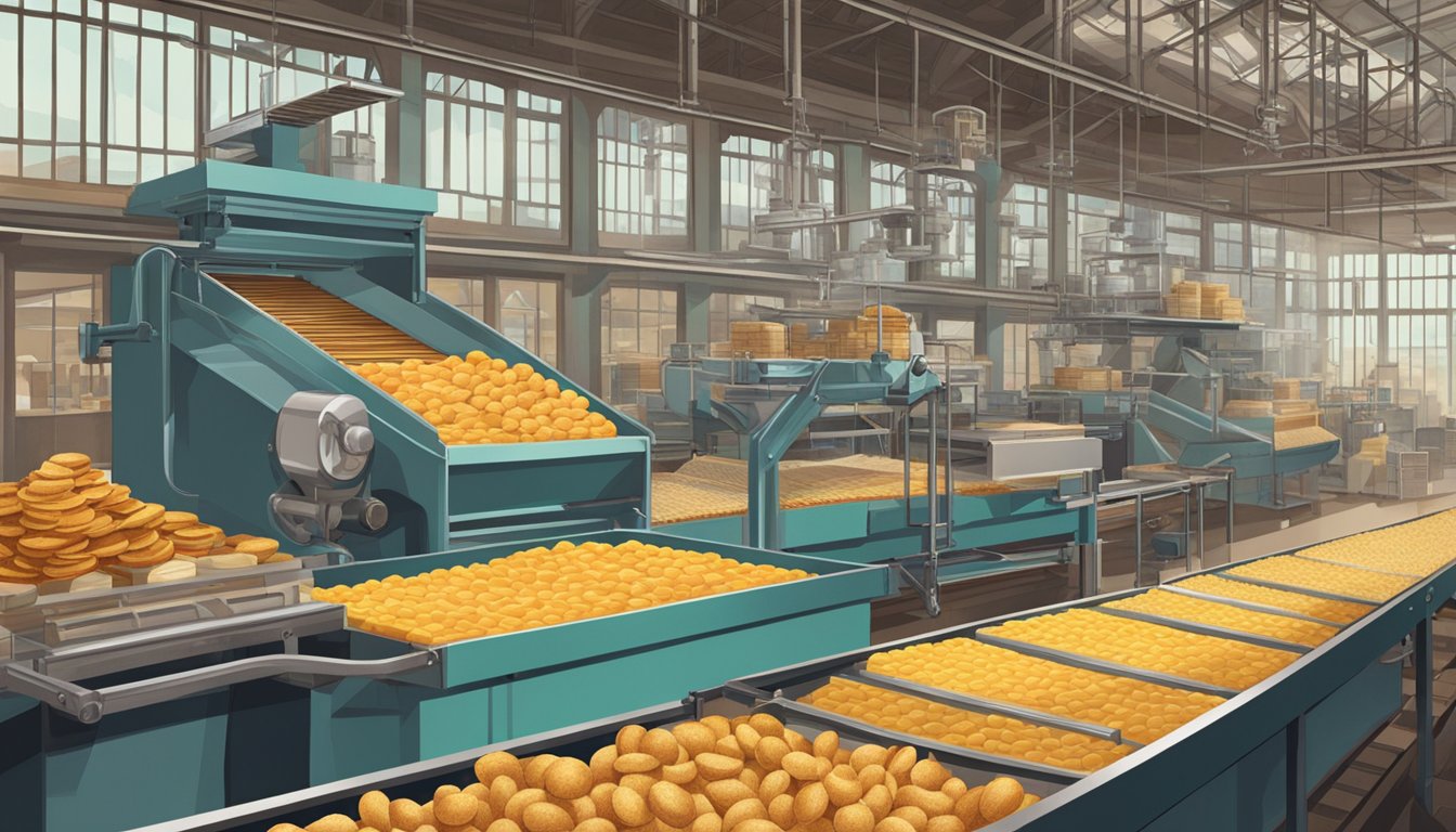 A vintage factory with conveyor belts producing Gardetto's snacks