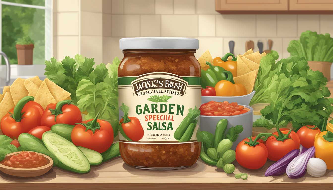 A jar of Garden Fresh Gourmet Jack's Special Medium Salsa sitting on a kitchen counter, surrounded by fresh vegetables and tortilla chips