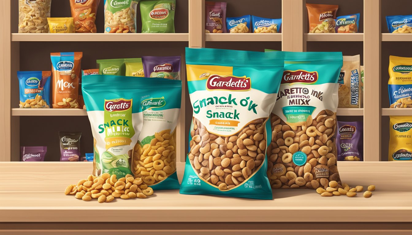 A bag of Gardetto's snack mix sits on a pantry shelf, surrounded by other snack items. The packaging is unopened and the mix is still fresh and crunchy