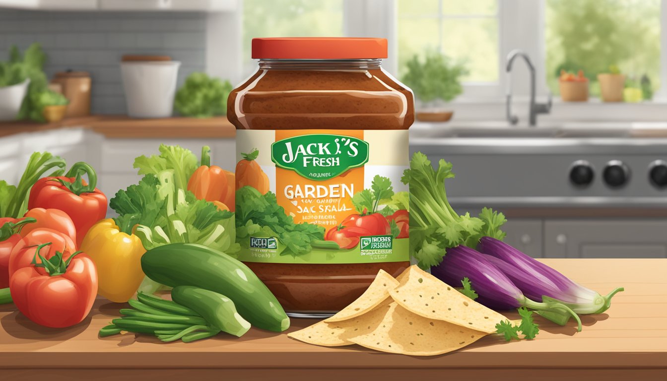 A jar of Garden Fresh Gourmet Jack's Special Medium Salsa sits on a kitchen counter, surrounded by fresh vegetables and tortilla chips