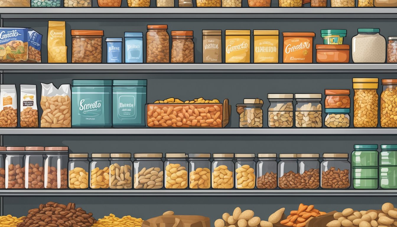 A pantry shelf with a sealed container of Gardetto's snack mix, surrounded by other properly stored dry goods