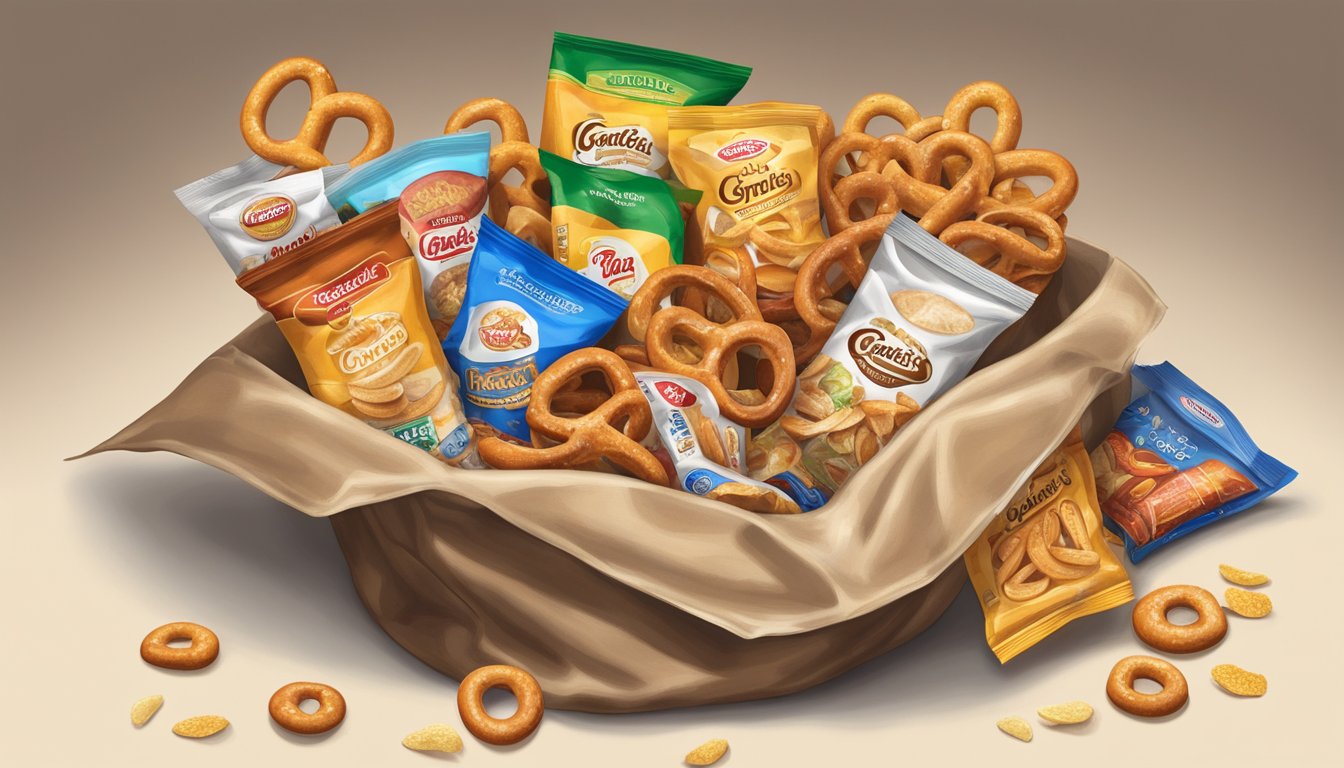 A bag of Gardetto's sits open, revealing the assortment of pretzels, rye chips, and other snacks inside. Some pieces are starting to show signs of spoilage, with discoloration and a slightly stale appearance