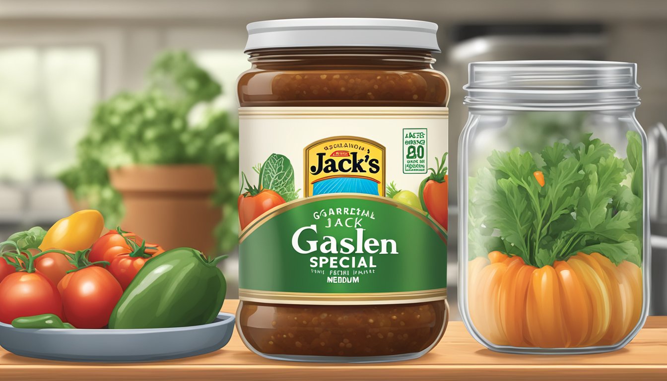 A jar of Garden Fresh Gourmet Jack's Special Medium Salsa sits unopened on a clean, organized kitchen shelf