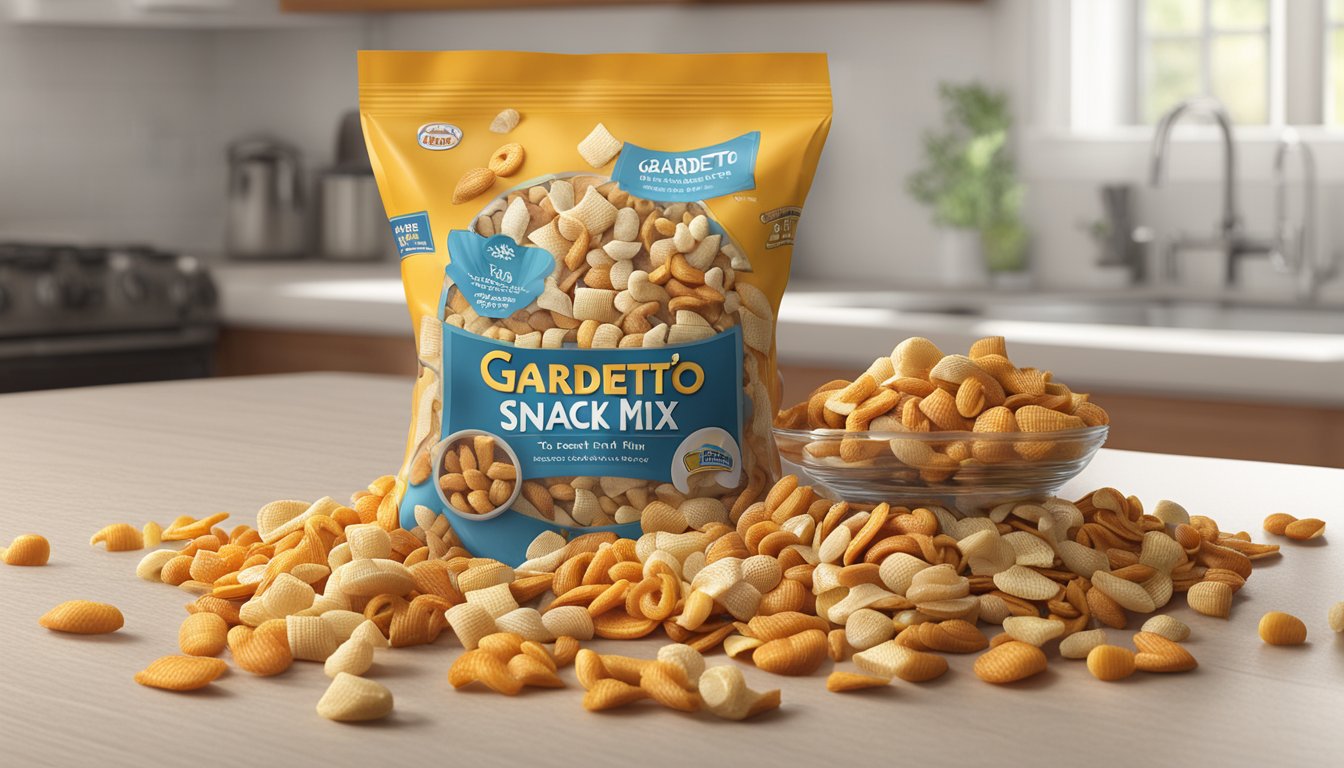 A bag of Gardetto's snack mix sits open on a kitchen counter, surrounded by scattered pieces of the savory snack