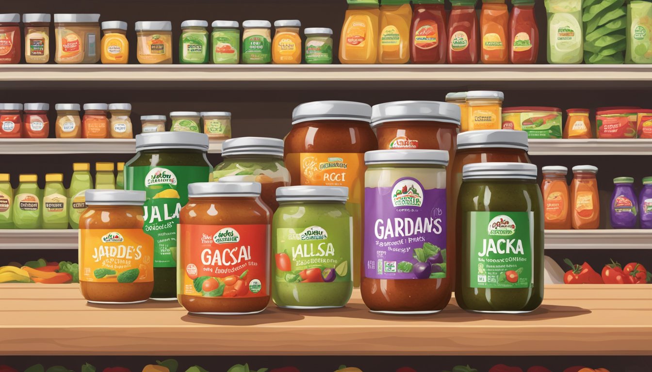 A jar of Garden Fresh Gourmet Jack's Special Medium Salsa sits on a shelf next to other condiments in a well-lit grocery store aisle