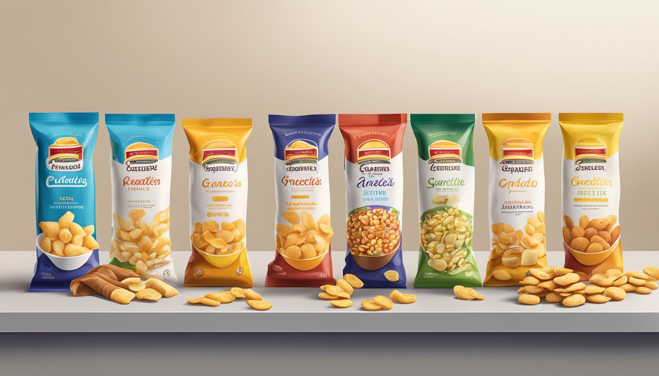 A variety of Gardetto's snacks arranged in a row, with open packaging and some spilling onto a table