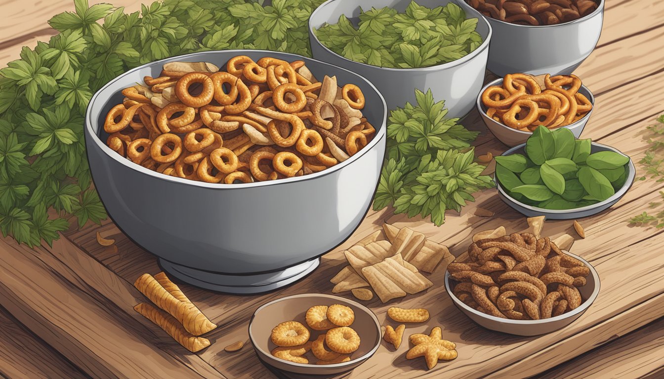 A bowl of Gardetto's snack mix sits on a wooden table, surrounded by fresh green herbs and spices. The mix is a blend of different textures, including pretzels, rye chips, and breadsticks, all looking crisp and flavorful