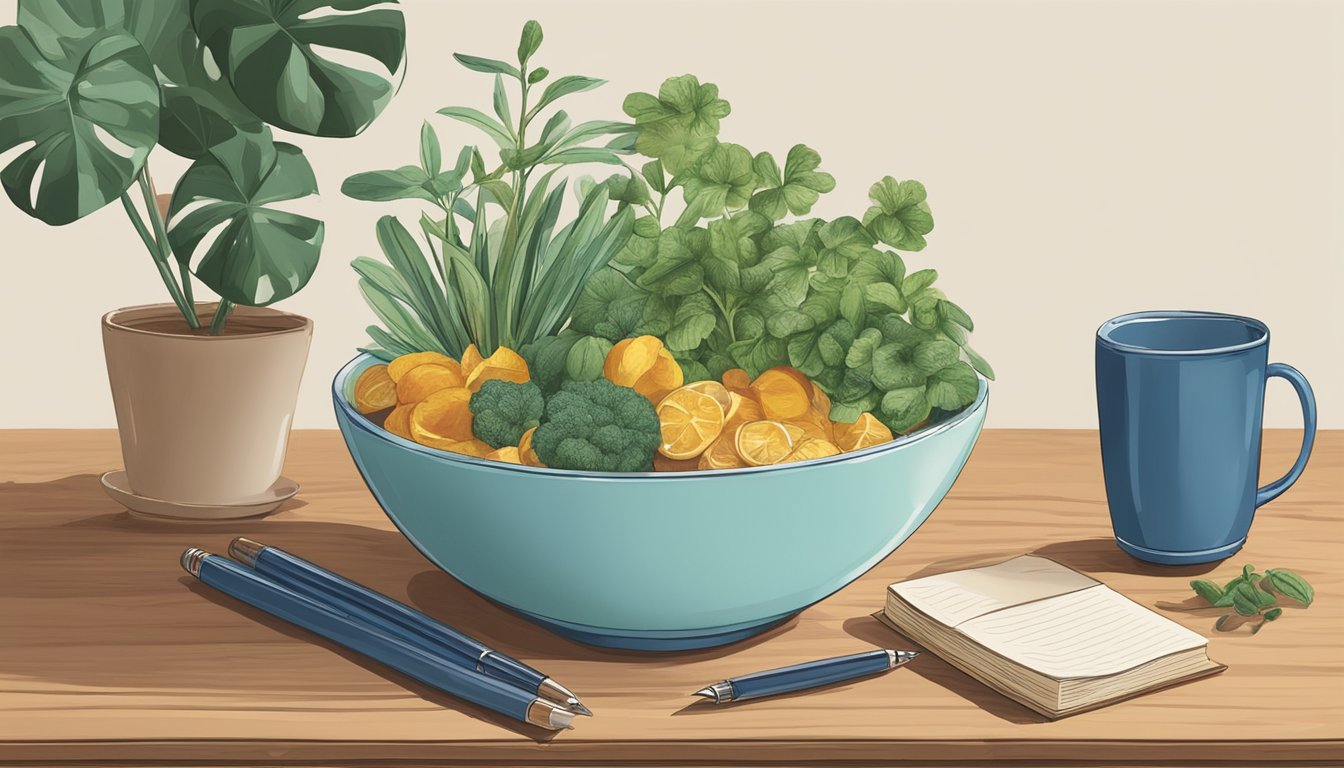 A bowl of Gardetto's scattered on a wooden table, surrounded by various household items like a plant, a book, and a pen