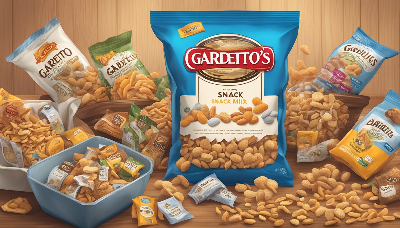 A bag of Gardetto's snack mix sits on a kitchen counter, surrounded by various dietary labels and expiration date markings