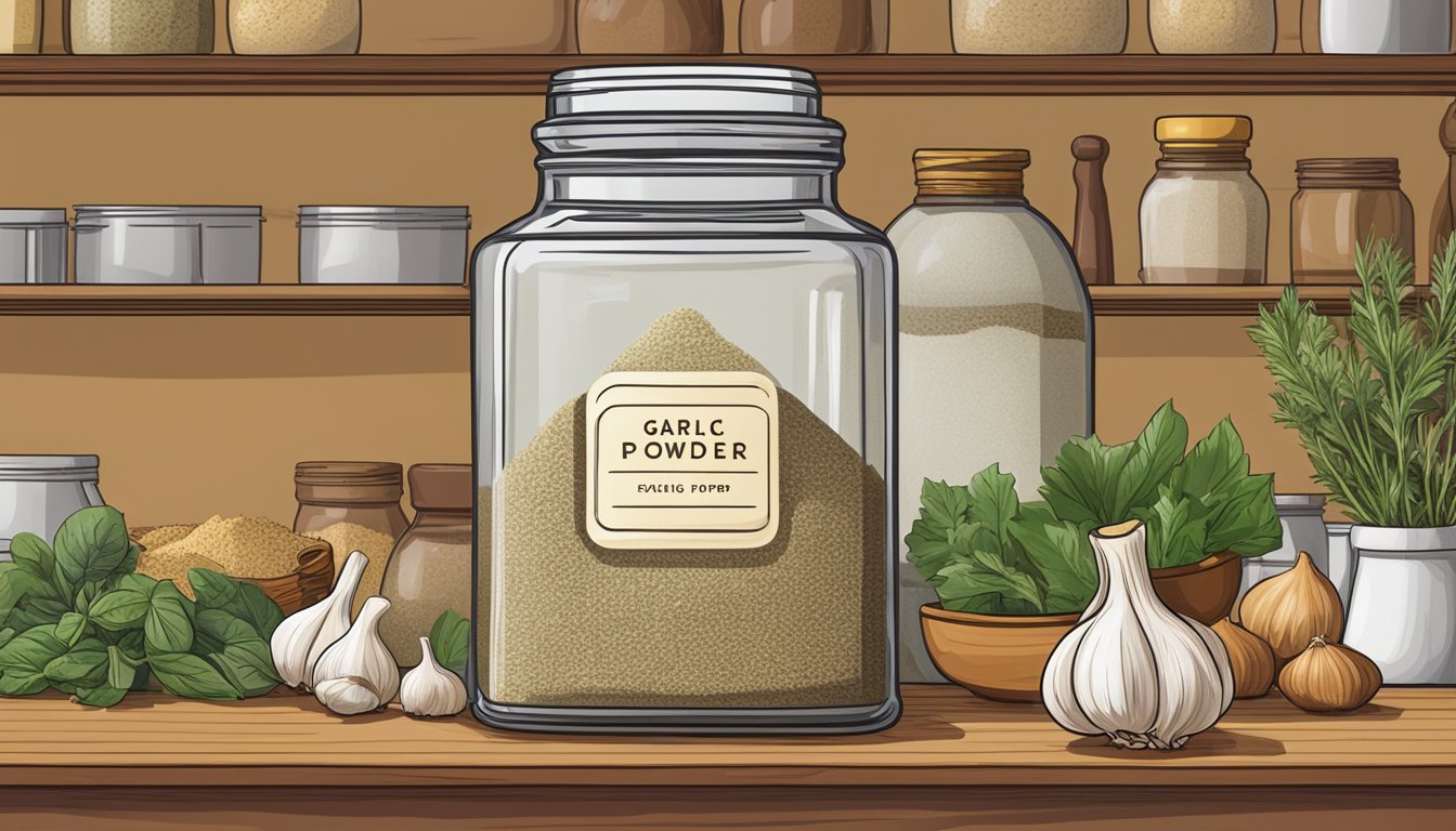 A jar of garlic powder sits on a kitchen shelf, surrounded by various spices and herbs. The label on the jar indicates the expiration date