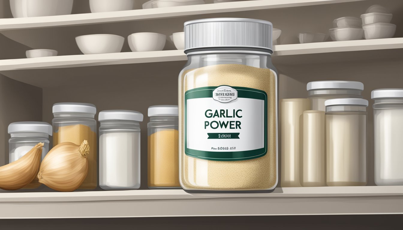 A jar of garlic powder on a kitchen shelf, with a label indicating the expiration date