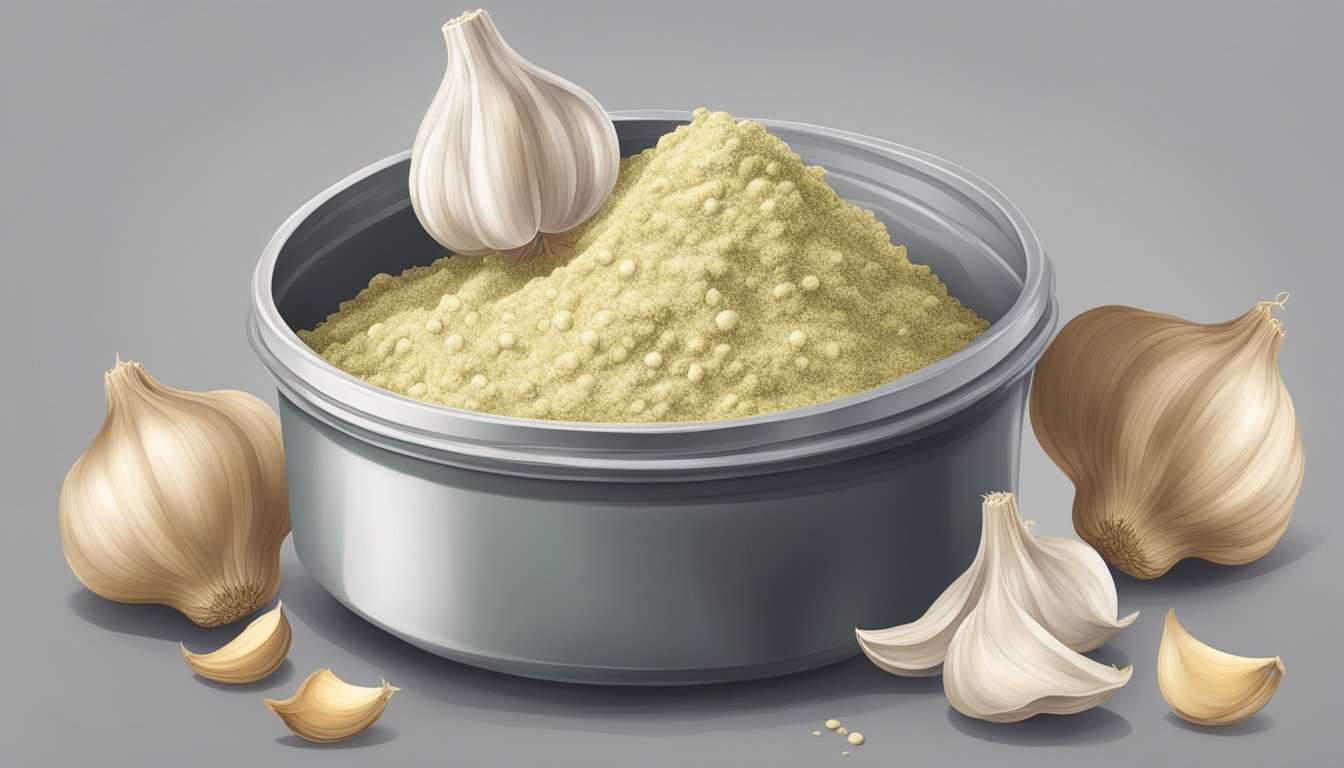 An open container of garlic powder with clumped and discolored contents, surrounded by a faint musty odor