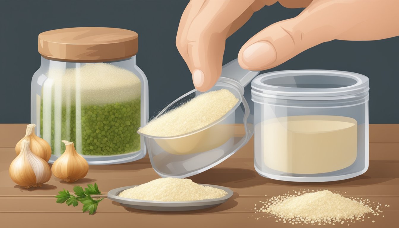 A hand pouring fresh garlic powder into a clear, airtight container, replacing the old one