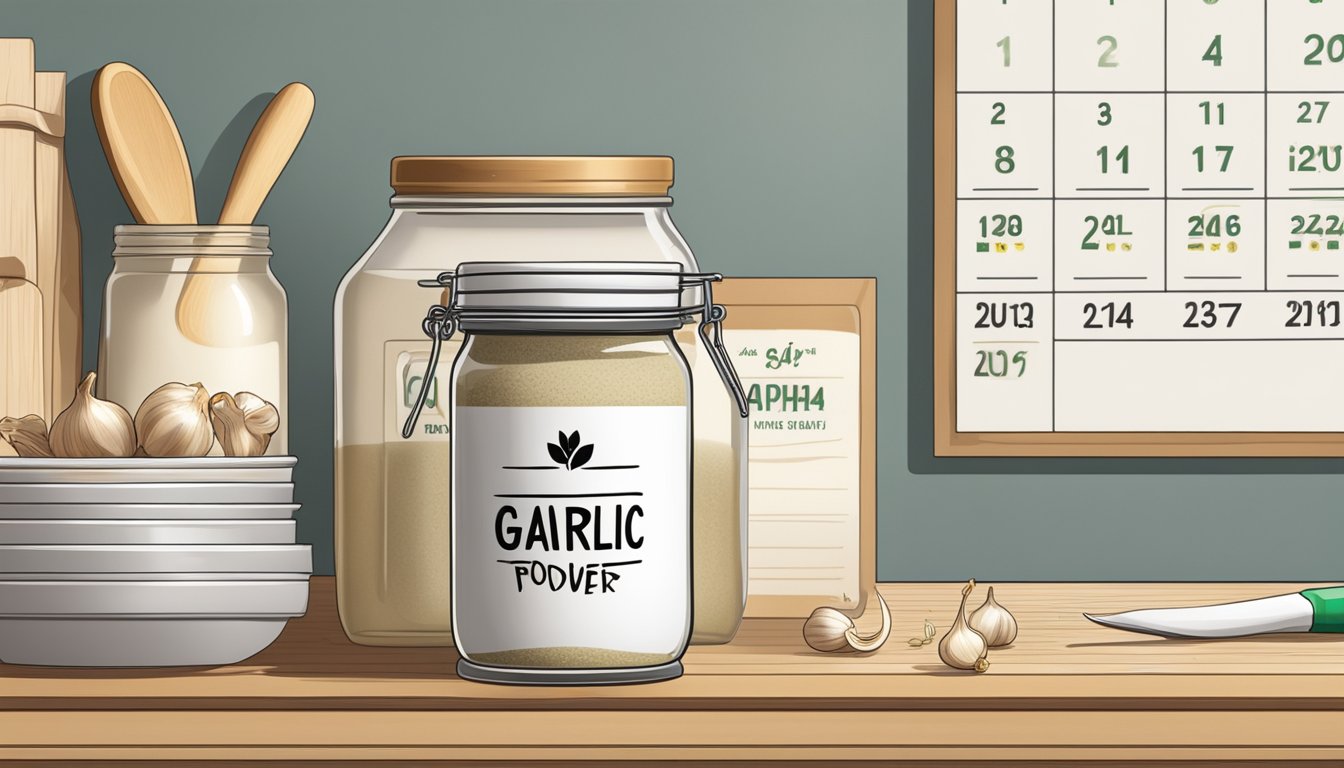 A jar of garlic powder sits on a kitchen shelf, next to a calendar showing the current date and an expiration date several months in the future