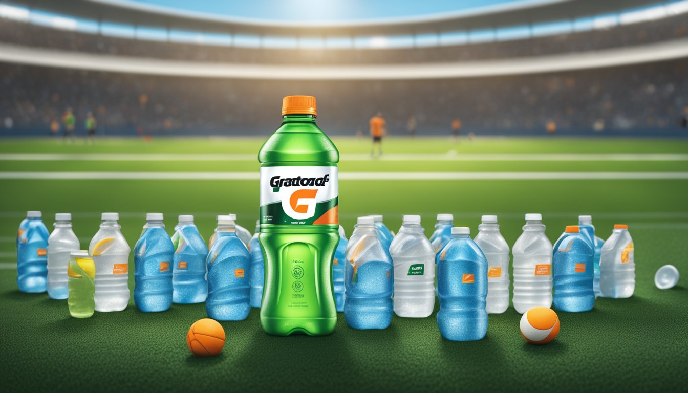 A bottle of Gatorade Thirst Quencher sits on a sports field, surrounded by empty water bottles and athletes in the background