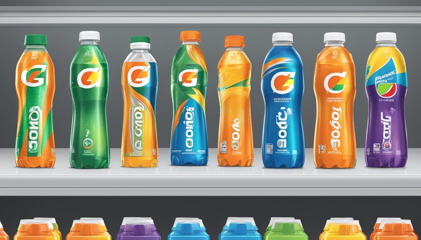 A fully stocked shelf of Gatorade Thirst Quencher in various flavors and sizes, with vibrant labels and caps