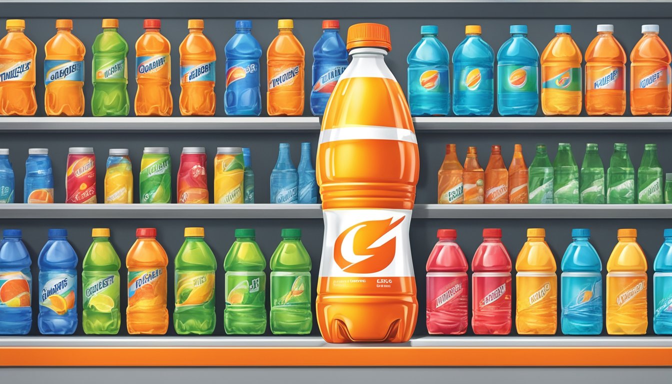 A bottle of Gatorade Thirst Quencher sits on a shelf, surrounded by other beverages. The label is clean and intact, and the liquid inside is clear and vibrant