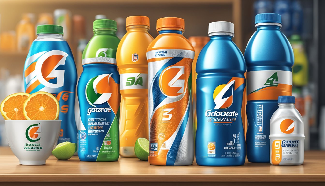 A bottle of Gatorade Thirst Quencher sits on a shelf, surrounded by other sports drinks and hydration products