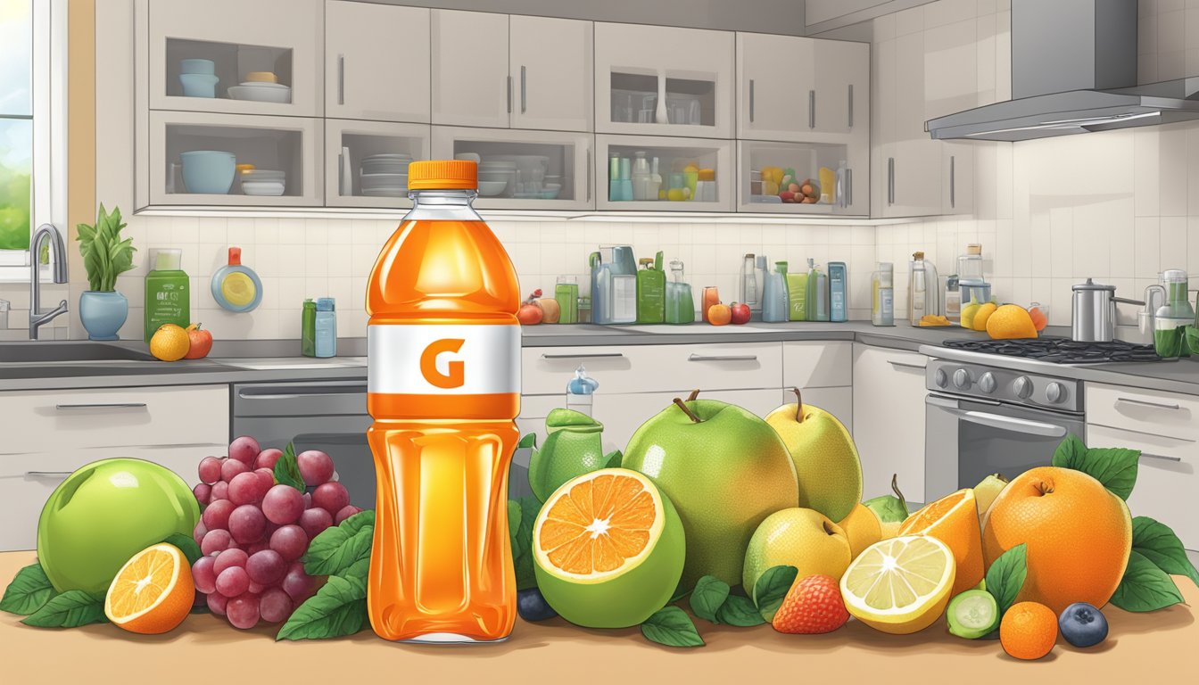 A bottle of Gatorade Thirst Quencher sits on a kitchen counter, surrounded by various fruits and a nutrition label