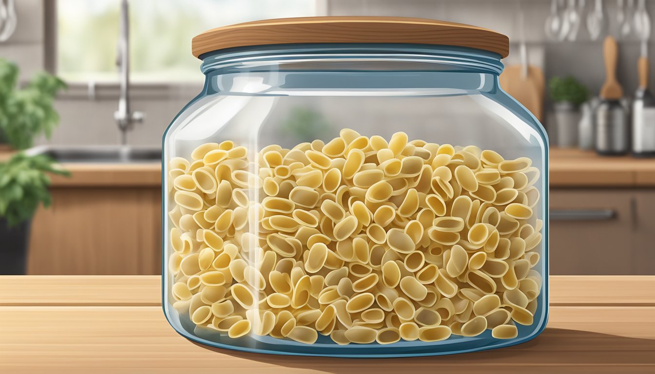 A clear glass jar filled with gemelli pasta sits on a wooden countertop, with a label indicating the date of purchase