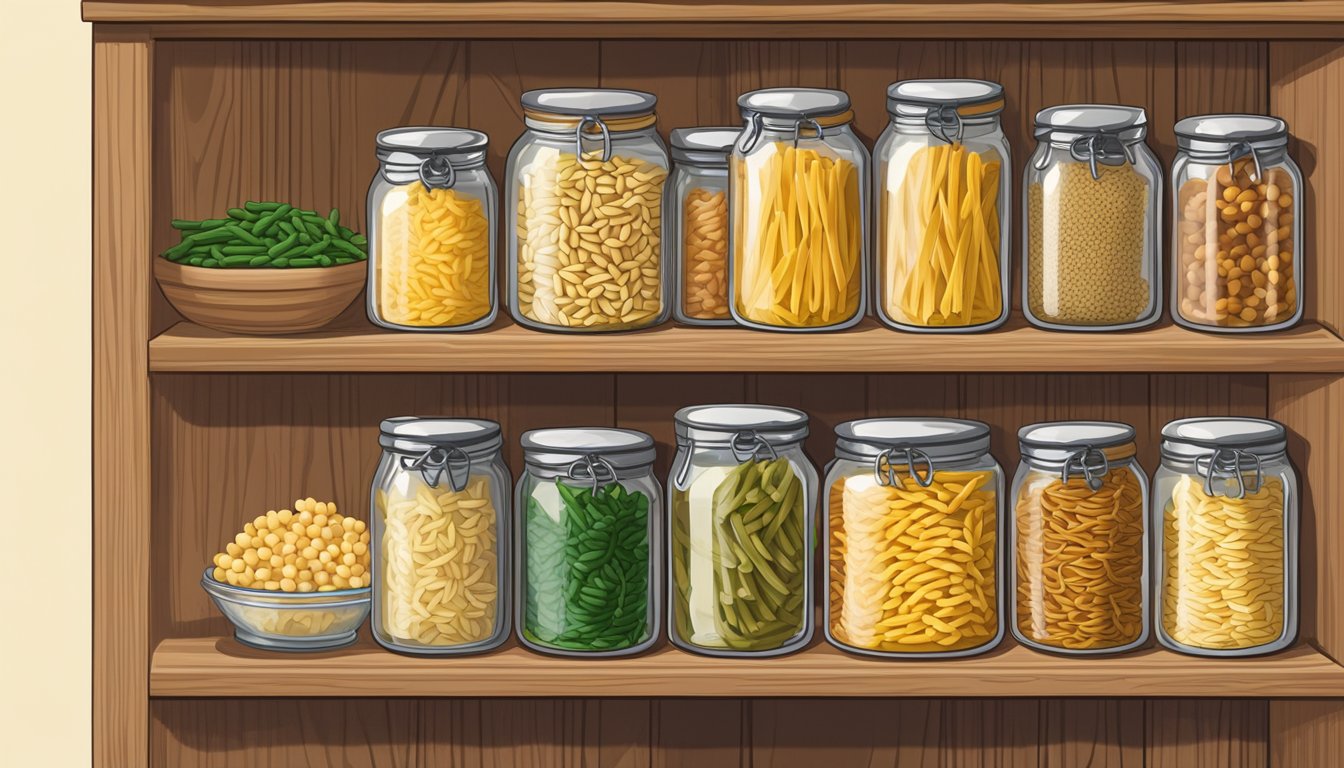 A glass jar filled with gemelli pasta on a wooden pantry shelf, surrounded by other pantry staples like rice and canned goods