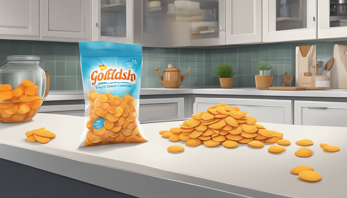 A clear plastic bag of Goldfish crackers sits on a kitchen counter, next to a calendar showing the current date. The crackers appear fresh and intact