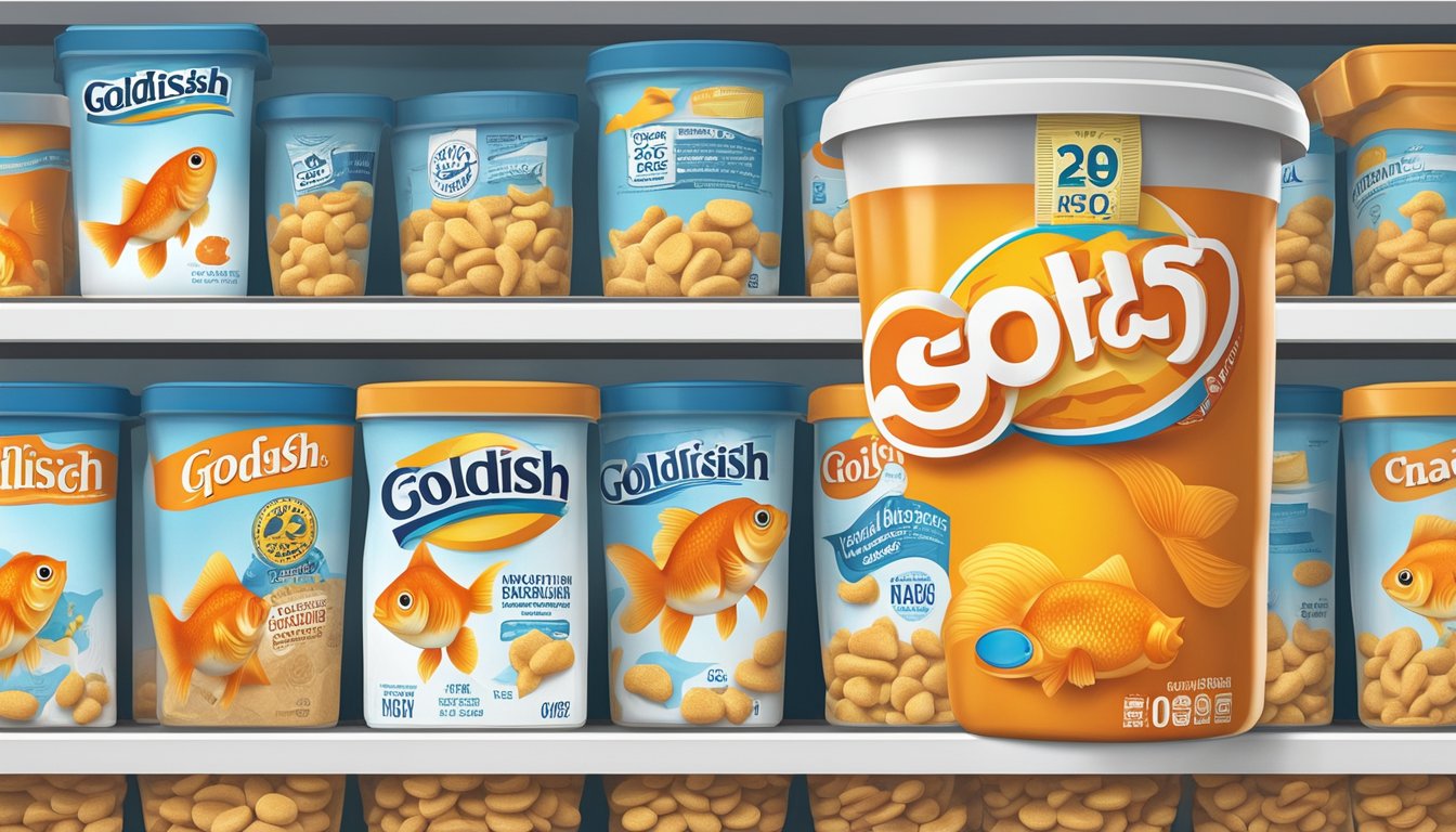 A sealed container of Goldfish crackers sits on a shelf next to a labeled expiration date