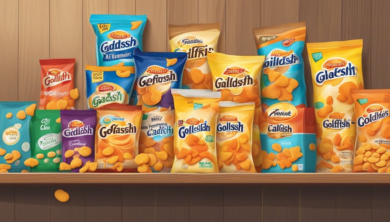 A box of Goldfish crackers sits on a pantry shelf, surrounded by other snacks. The crackers are still fresh and crunchy, showing no signs of staleness or flavor degradation